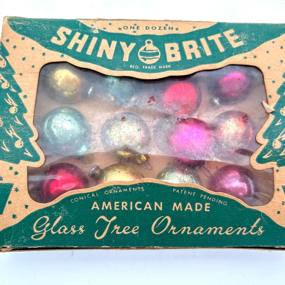 Vintage Box of 12 Shiny Brite Feather Tree 1" Miniature Glass Ornaments in Box